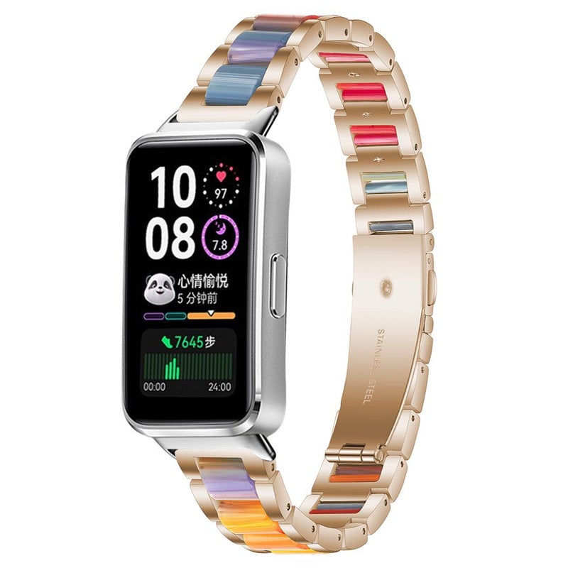 erorex For Huawei Band 10 / 9 / 8 Three Beads Metal Resin Watch Band(Rose Gold Rainbow) - Image 1