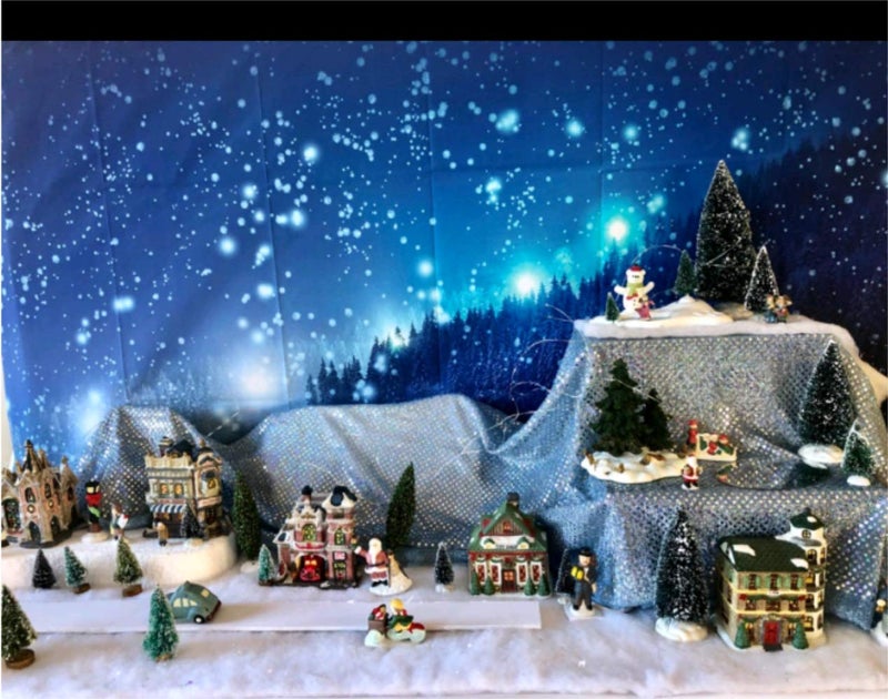 Leowefowa 5x3ft Christmas Backdrop Rustic Village Night View Forest Trees Snowing Shining Lights Blue Sky Winter Xmas Vinyl Photography Background Kids Children Adults Photo Studio Props - Image 2