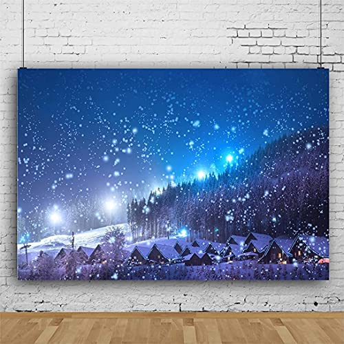 Leowefowa 5x3ft Christmas Backdrop Rustic Village Night View Forest Trees Snowing Shining Lights Blue Sky Winter Xmas Vinyl Photography Background Kids Children Adults Photo Studio Props - Image 5