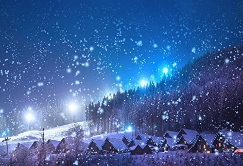 Leowefowa 5x3ft Christmas Backdrop Rustic Village Night View Forest Trees Snowing Shining Lights Blue Sky Winter Xmas Vinyl Photography Background Kids Children Adults Photo Studio Props - Image 1