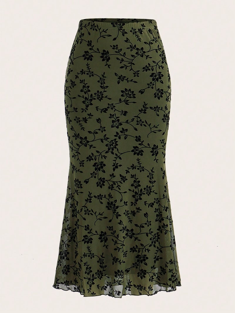 European Style Floral Print Mermaid Skirt Casual Bodycon Midi Skirt - Image 1