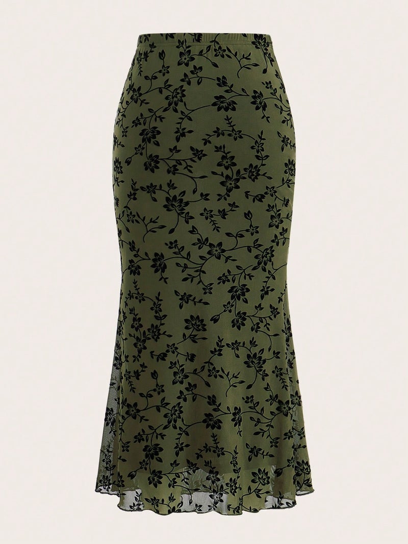 European Style Floral Print Mermaid Skirt Casual Bodycon Midi Skirt - Image 2