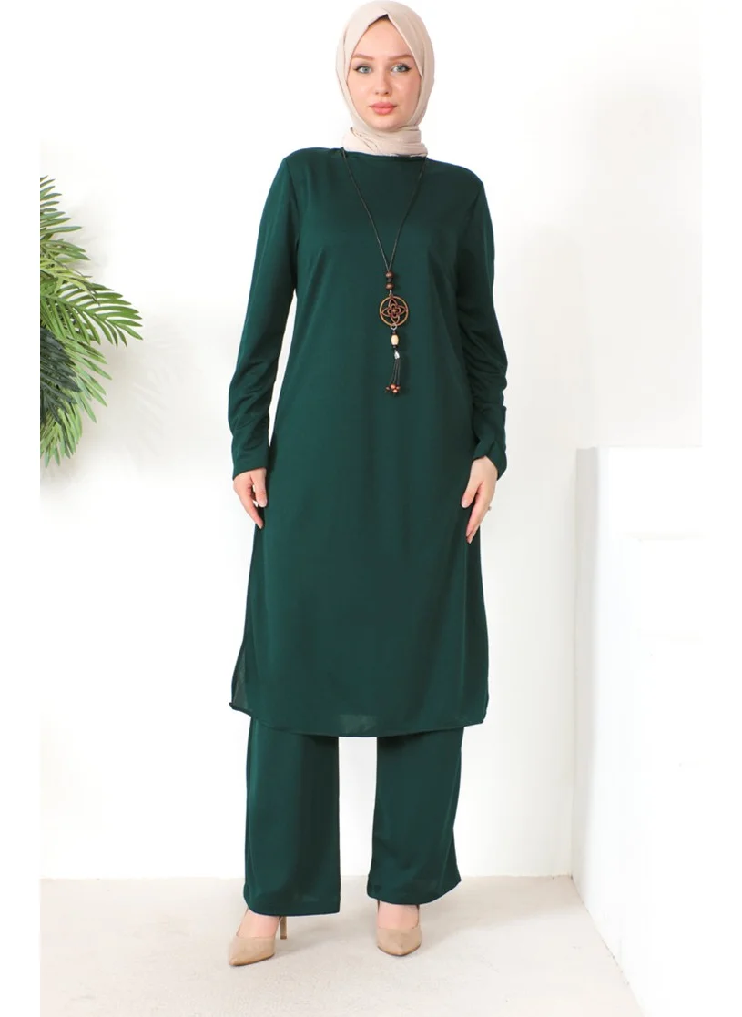 Sefa Merve Necklace Tunic Trousers Two Piece Suit 8585-05 Emerald Green