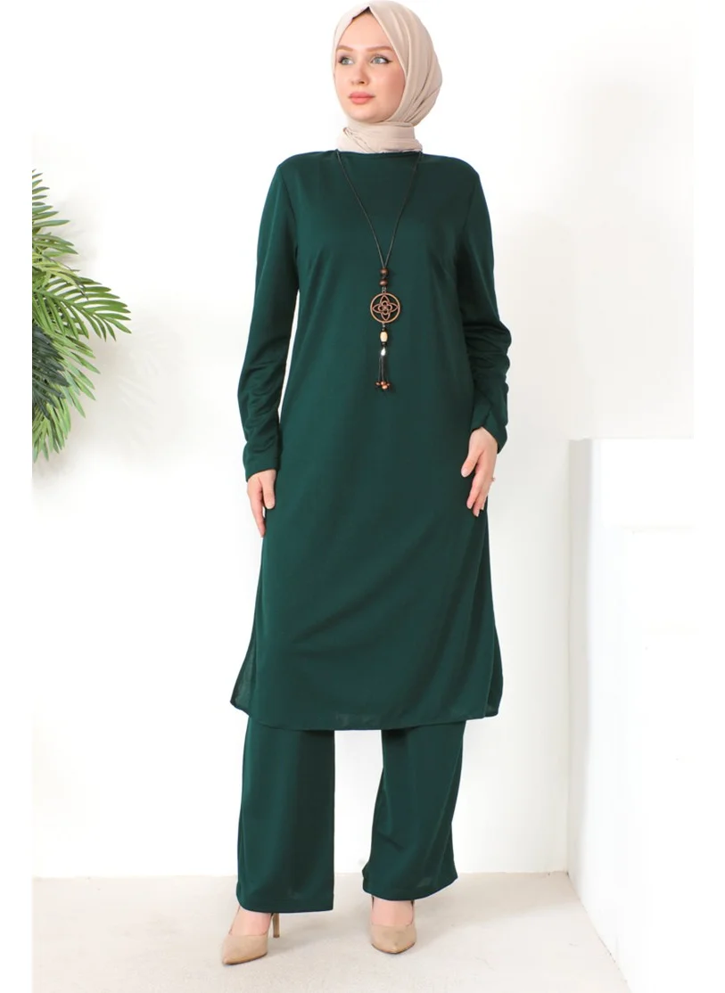 Sefa Merve Necklace Tunic Trousers Two Piece Suit 8585-05 Emerald Green