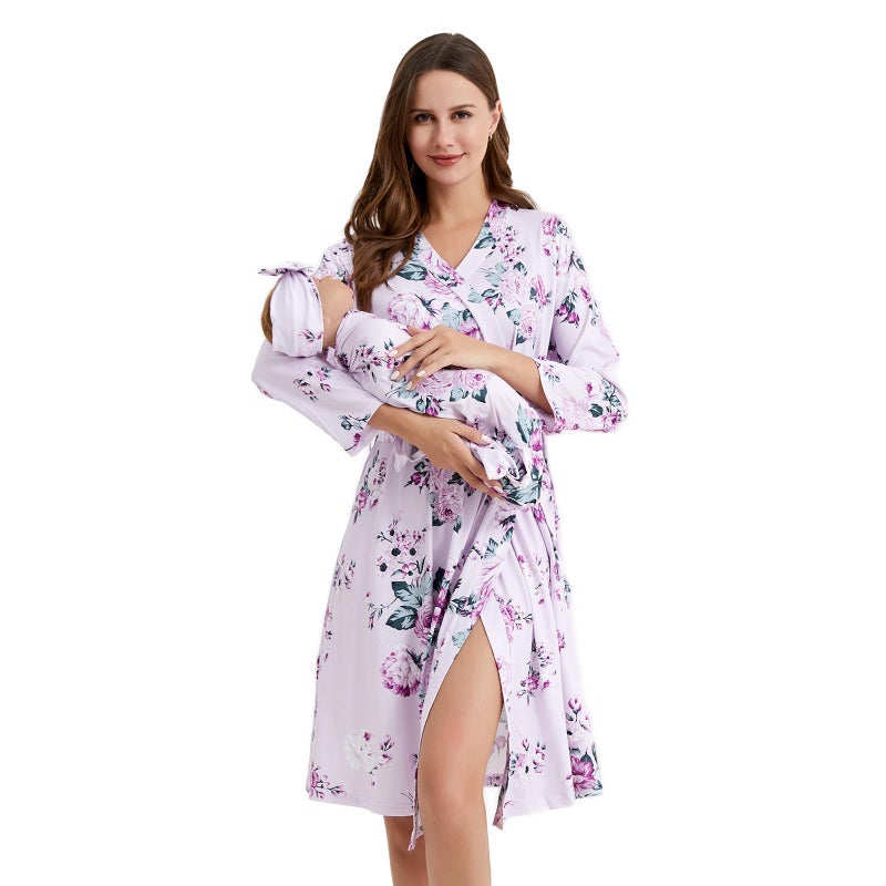 Galabloomer Flower Maternity Robe and Baby Receiving Blanket, Matching Mommy Labor Delivery Robe and Swaddle Set - Image 1