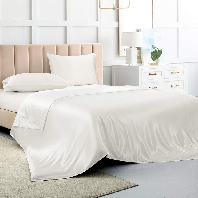 SATIN BED SHEETS QUEEN SHEET SET WHITE SILK SHEETS 4 PIECES SOFT BEDDING SET WITH 1 DEEP POCKET FITTED SHEET1 FLAT SHEET2 PILLOWCASE