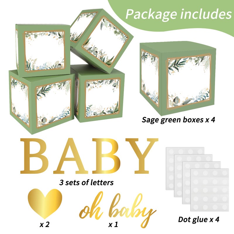 RUBFAC Sage Green Baby Boxes with Letters for Baby Shower, 4pcs Safari Baby Shower Decorations for Boy Girl Balloon Boxes Gender Reveal Birthday Party Favors - Image 2