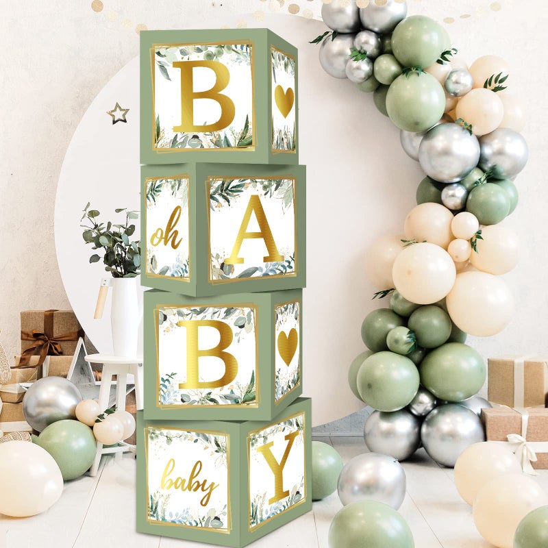 RUBFAC Sage Green Baby Boxes with Letters for Baby Shower, 4pcs Safari Baby Shower Decorations for Boy Girl Balloon Boxes Gender Reveal Birthday Party Favors - Image 1