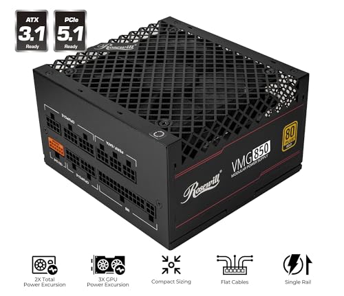Rosewill VMG 850W 80 Gold ATX 30 31 Compatible Full Modular LowNoise Power Supply PCIe 51 12V2x6 Connector 100 Japanese Electrolytic Capacitor 120mm FDB Silent Fan 5 Year Warranty - Image 3