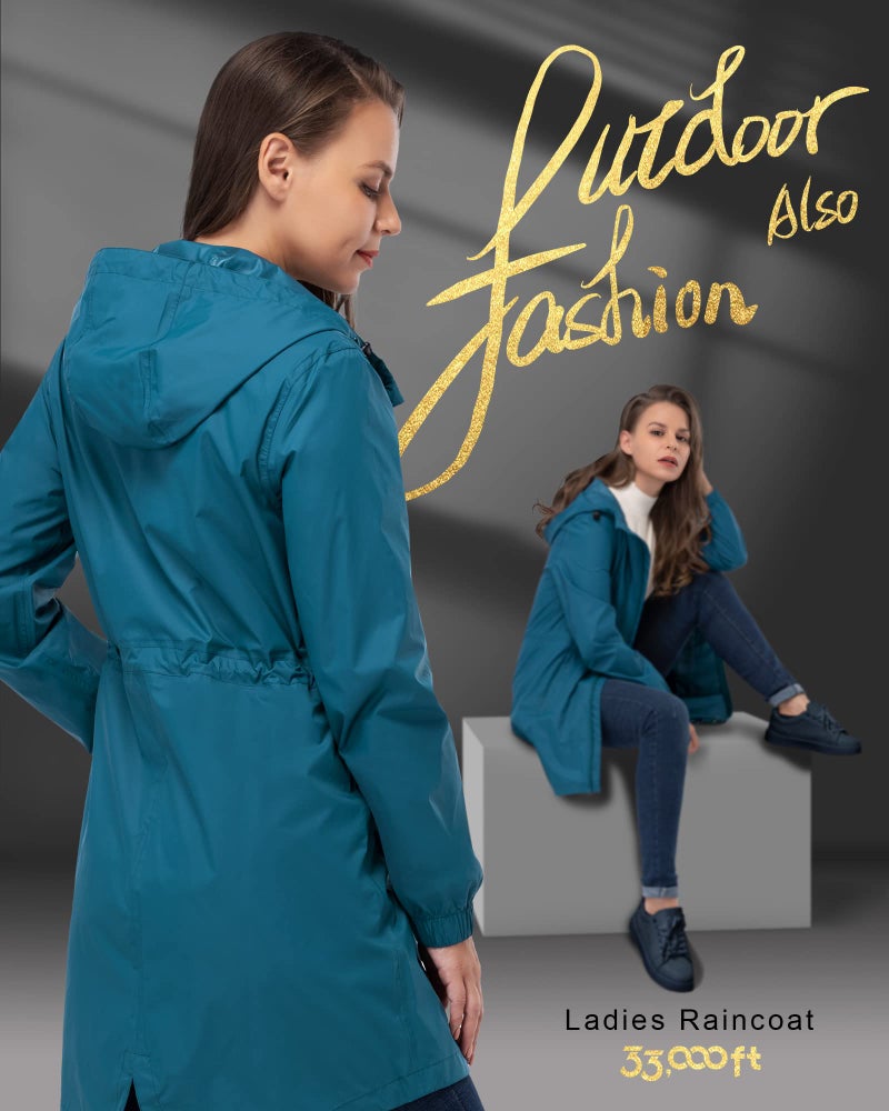 33,000ft Women's Waterproof Long Rain Coats Packable Rain Jacket with Hood Trench Coats Windbreaker - Image 2