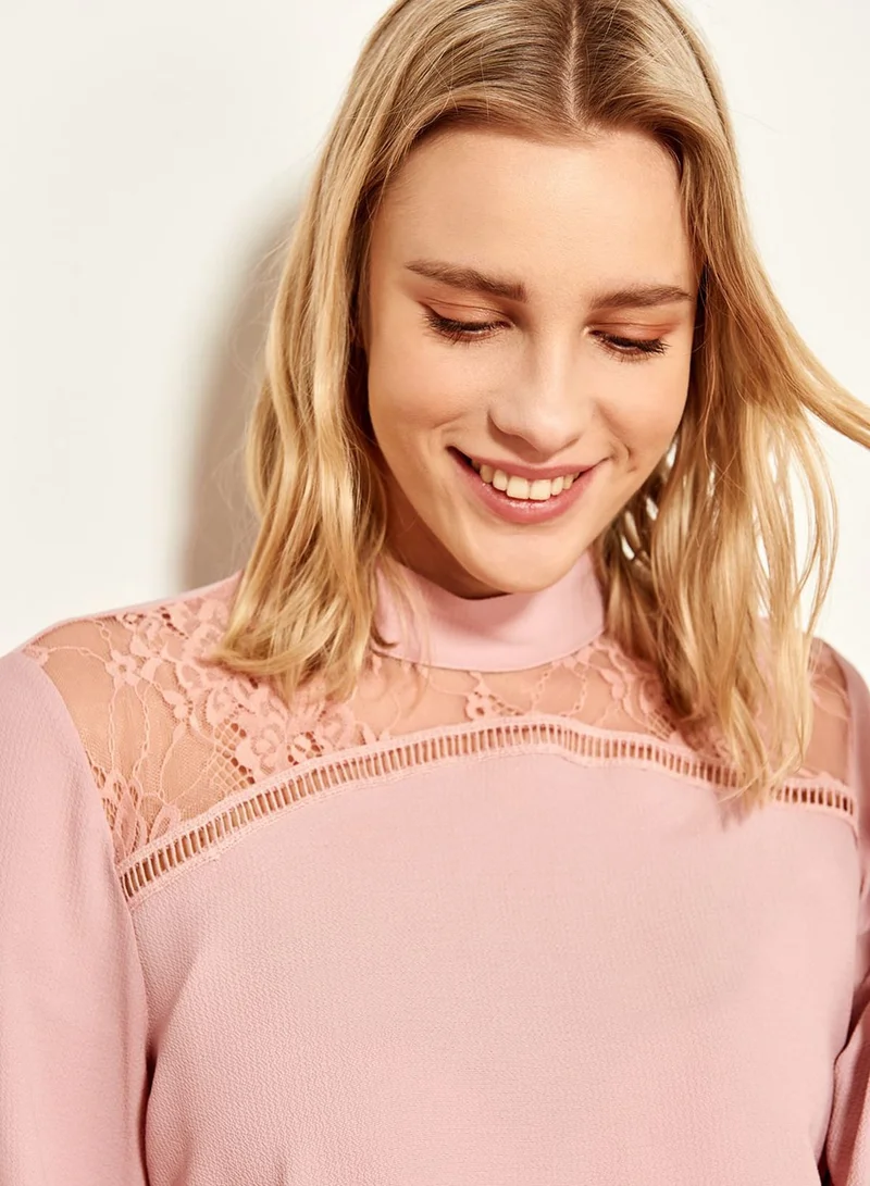 trendyol High Neck Lace Mesh Top