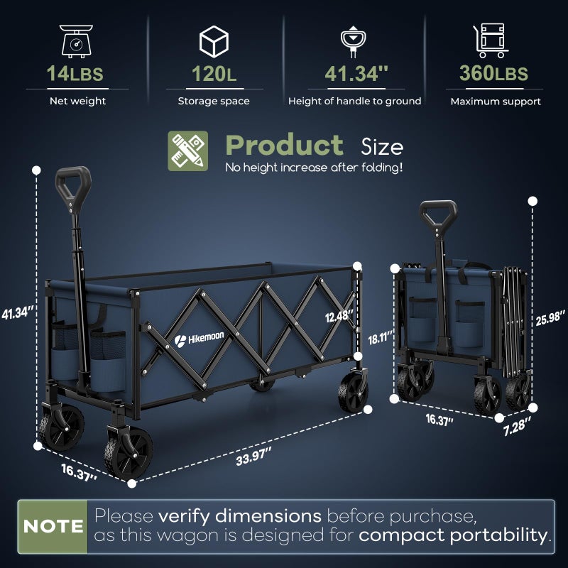 Hikemoon 34'' Extra Long Collapsible Wagons Carts Foldable, 360LBS Heavy Duty Folding Beach Wagon with Wheels, Portable Utility Outdoor Cart for Grocery, Garden, Sports, Camping, Blue - Image 4