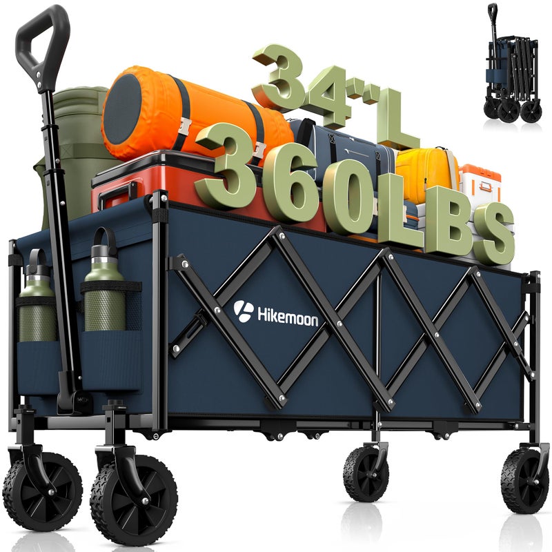 Hikemoon 34'' Extra Long Collapsible Wagons Carts Foldable, 360LBS Heavy Duty Folding Beach Wagon with Wheels, Portable Utility Outdoor Cart for Grocery, Garden, Sports, Camping, Blue - Image 1