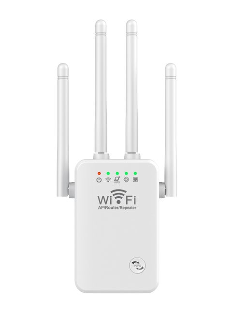 WiFi extender, repeater, signal booster, with four antennas, 2.4G, 300Mbps, one click setup, plug and play, three access modes, suitable for home, office, white