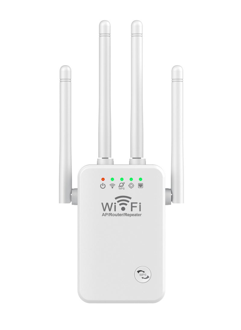 DUNISO WiFi extender, repeater, signal booster, with four antennas, 2.4G, 300Mbps, one click setup, plug and play, three access modes, suitable for home, office, white 
