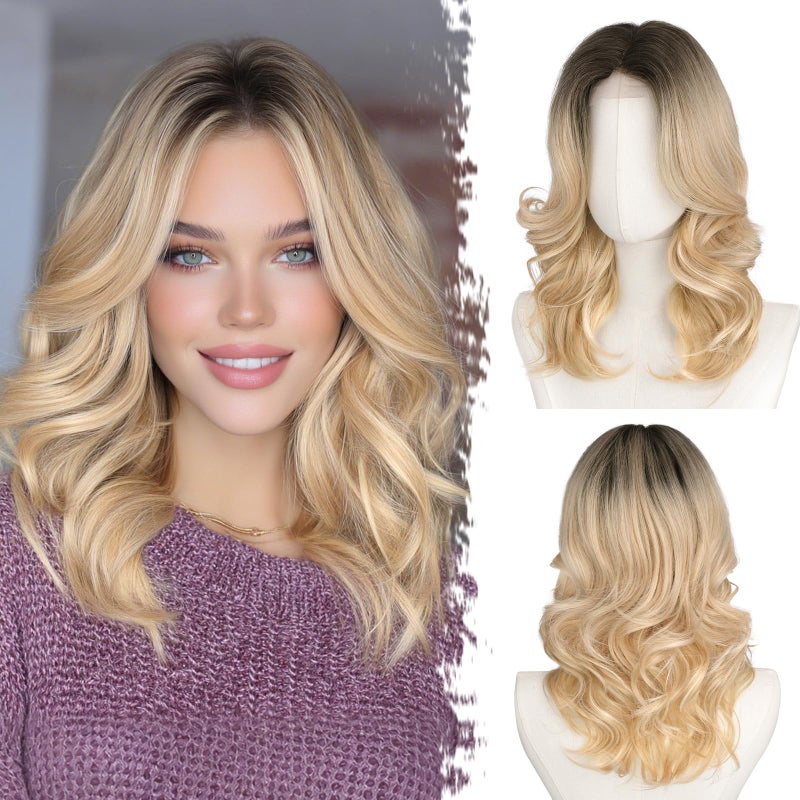 BARSDAR Short Wavy Layered Blonde Ombre Wig - Shoulder Length Wavy Ombre Blonde Wigs for Women - Short Body Wave Layered Wig with Face-Framing Curtain Bangs Soft Synthetic Natural Looking Daily Party - Image 1