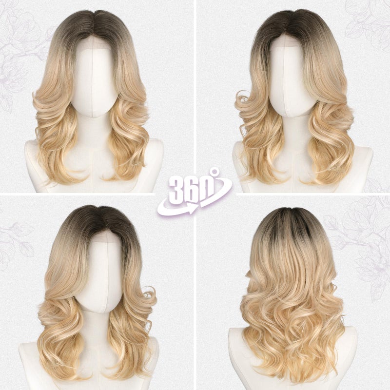 BARSDAR Short Wavy Layered Blonde Ombre Wig - Shoulder Length Wavy Ombre Blonde Wigs for Women - Short Body Wave Layered Wig with Face-Framing Curtain Bangs Soft Synthetic Natural Looking Daily Party - Image 5