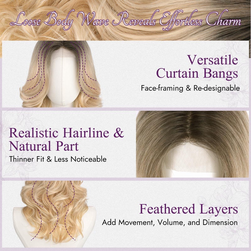 BARSDAR Short Wavy Layered Blonde Ombre Wig - Shoulder Length Wavy Ombre Blonde Wigs for Women - Short Body Wave Layered Wig with Face-Framing Curtain Bangs Soft Synthetic Natural Looking Daily Party - Image 3