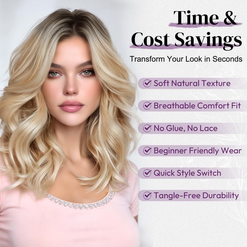 BARSDAR Short Wavy Layered Blonde Ombre Wig - Shoulder Length Wavy Ombre Blonde Wigs for Women - Short Body Wave Layered Wig with Face-Framing Curtain Bangs Soft Synthetic Natural Looking Daily Party - Image 4