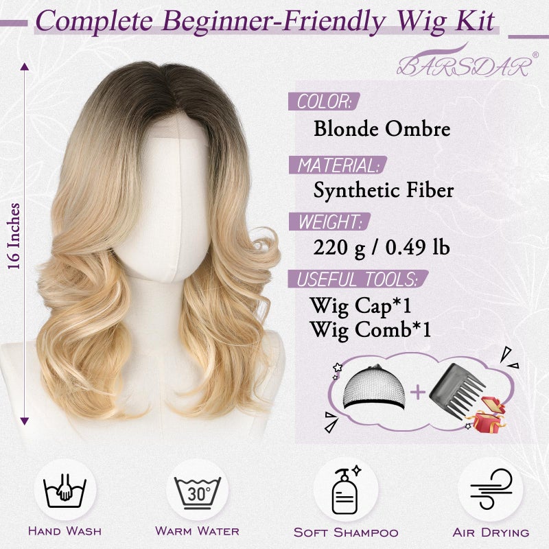 BARSDAR Short Wavy Layered Blonde Ombre Wig - Shoulder Length Wavy Ombre Blonde Wigs for Women - Short Body Wave Layered Wig with Face-Framing Curtain Bangs Soft Synthetic Natural Looking Daily Party - Image 2