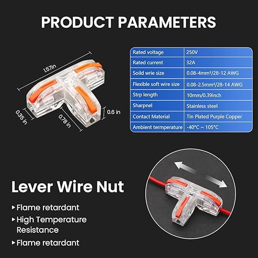 ZIVIK 4 Pcs T-Shape 3 Way Wire Conductor Quick Cable Splitter Electrical Connectors Push-in Terminal Block Universal Wire Connectors for AWG 28-12 Cable, Wire Connector/Wire Jointer Cable Clamp - Image 5