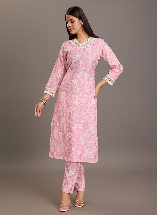 DW Floral Printed Linen Straight Kurta and Trousers Set by Styli  - Image 3