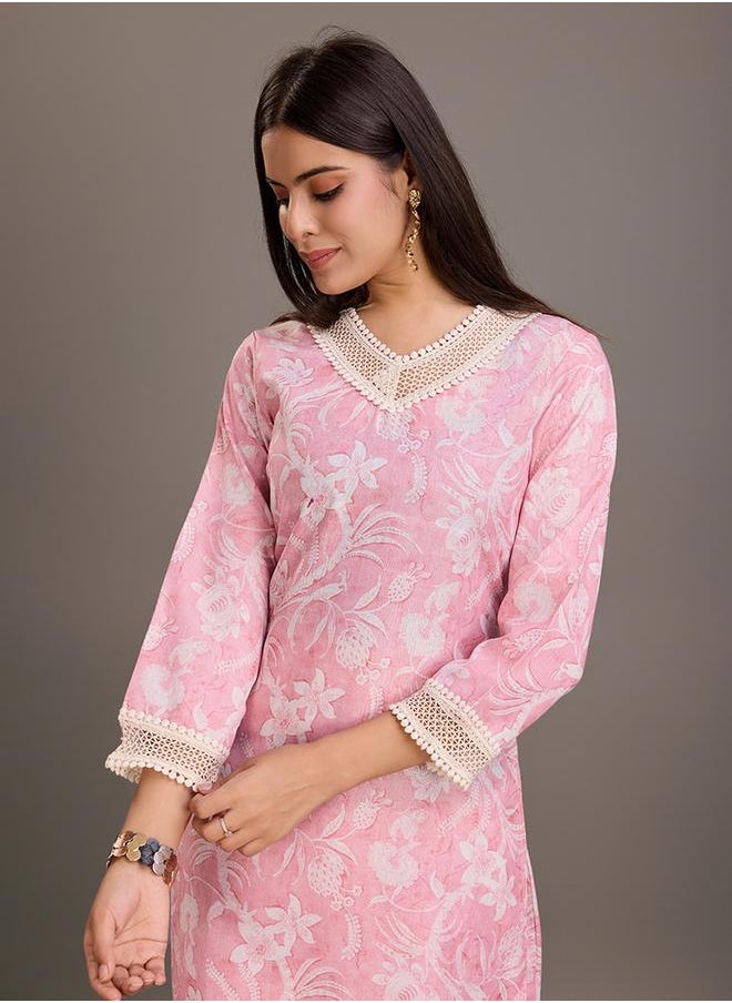 DW Floral Printed Linen Straight Kurta and Trousers Set by Styli  - Image 5