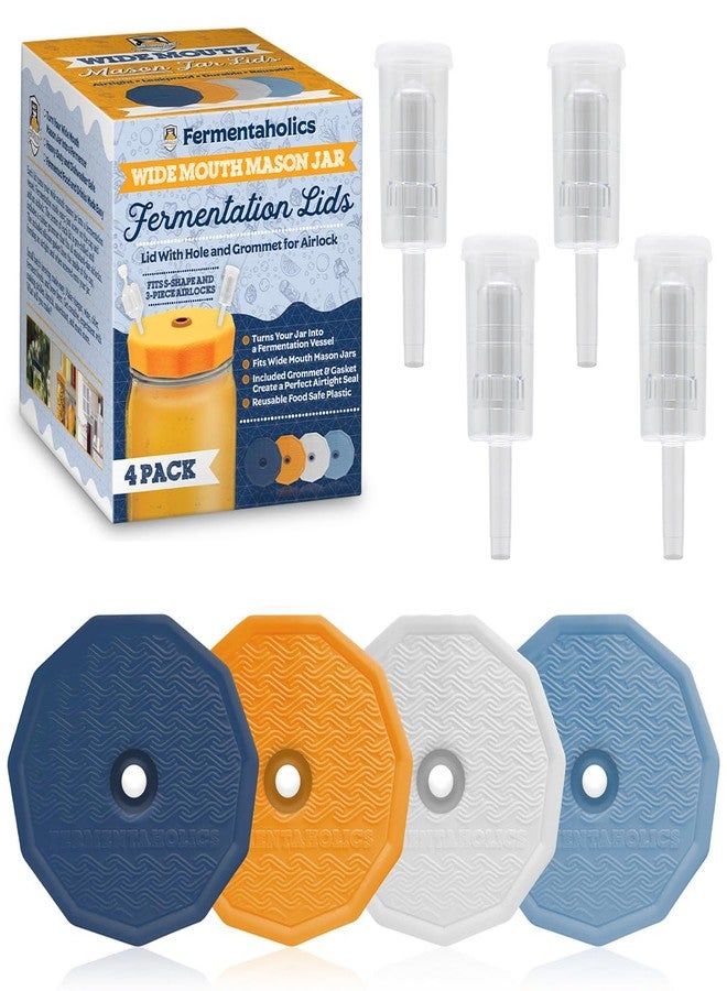 Fermentaholics 4-Pack Fermentation Lids with 3-piece Airlocks for Wide Mouth Mason Jars - Multicolored, Reusable, with Silicone Gaskets for Fermenting Vegetables, Sauerkraut, Kimchi, Liquids & More. - Image 1