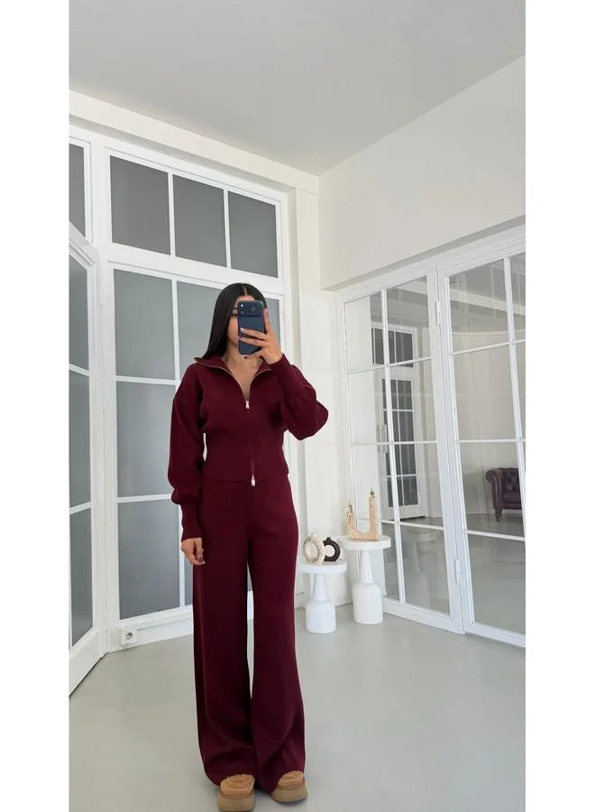 Gaus  Burgundy Double-Zip Cardigan with Elastic Waist Pants Twin Knit Set GAUS-01965 GAUS-01902. for Women | Best Price UAE