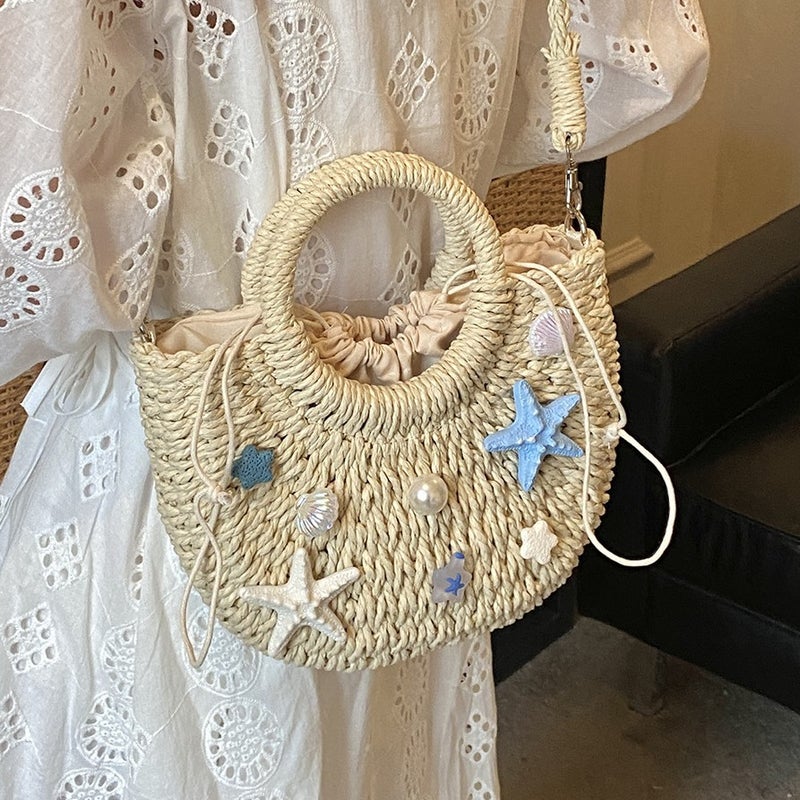 Women's Paper Straw Woven Shell Crossbody Bag for Beach Vacation - Image 1