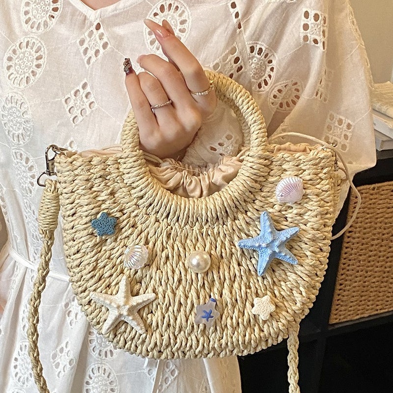 Women's Paper Straw Woven Shell Crossbody Bag for Beach Vacation - Image 3