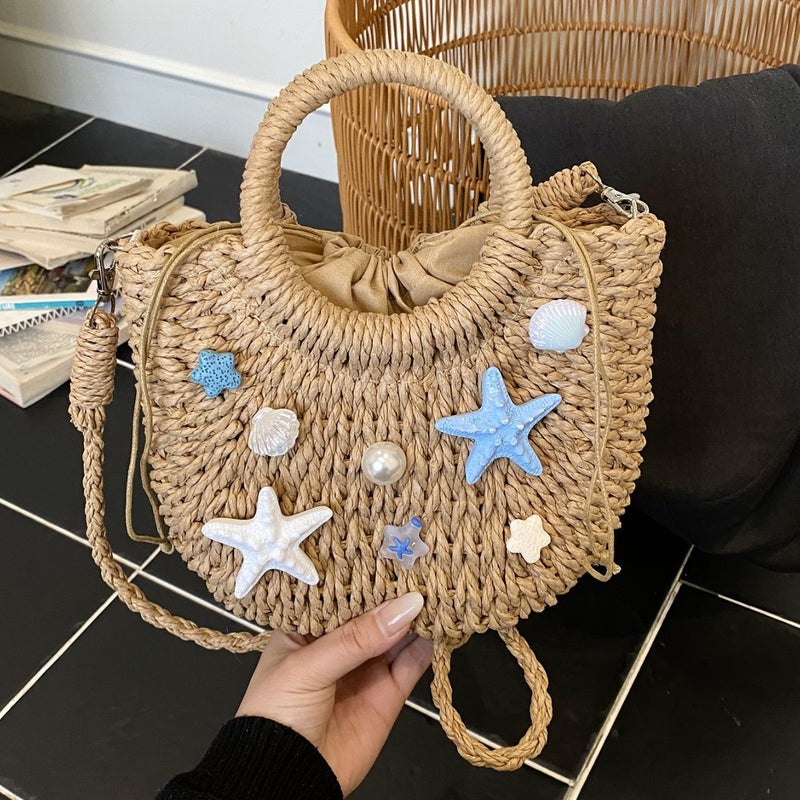 Women's Paper Straw Woven Shell Crossbody Bag for Beach Vacation - Image 2