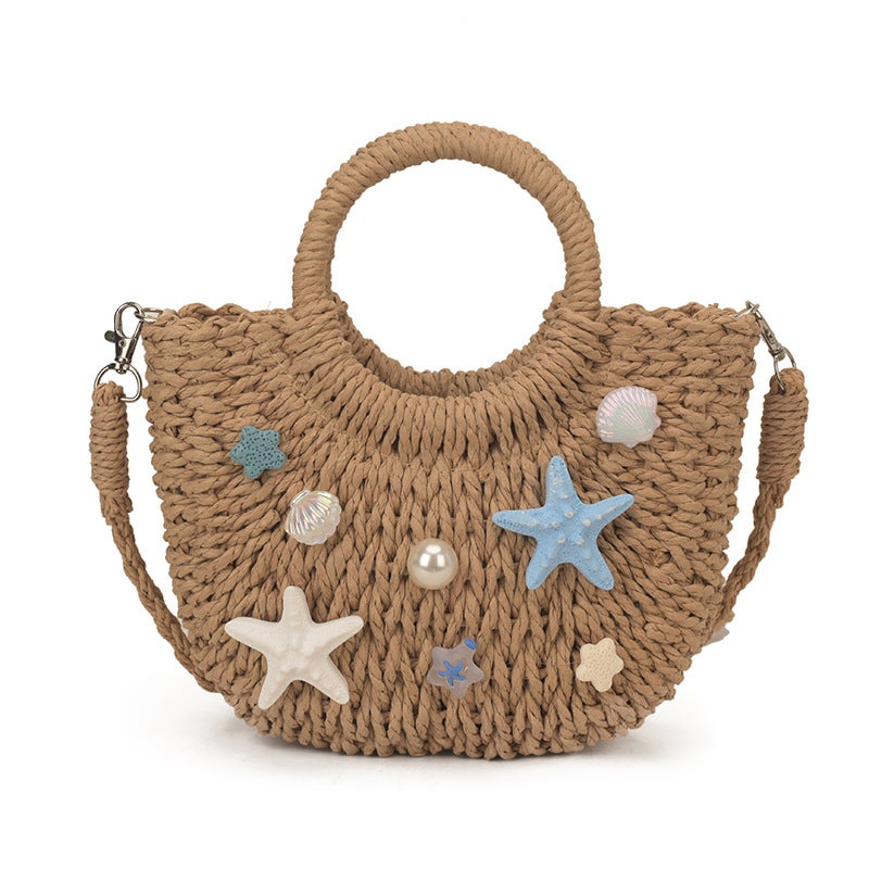 Women's Paper Straw Woven Shell Crossbody Bag for Beach Vacation - Image 4