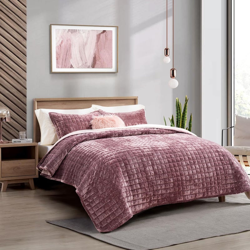 RECYCO Luxury Velvet Quilt Set King Size, Lightweight Velvet Comforter Set, Oversized Bedspread Coverlet Quilted Bedding Set, with 2 Matching Pillow Shams, for All Season, Dusty Mauve Pink - Image 2