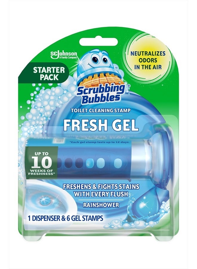 Scrubbing Bubbles Toilet Gel Stamps, Fresh Gel Toilet Cleaning Stamps, Helps Keep Toilet Clean and Helps Prevent Limescale & Toilet Rings, Rainshower Scent, 1 Dispenser with 6 Stamps - Image 1