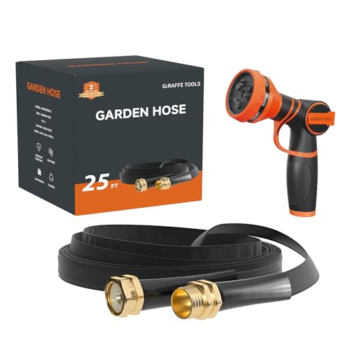 Giraffe Tools Garden Hose 25FT Lightweight Lay Flat Water Hose Kink Free Flexible Hose with 9 Spray Function Nozzle, Black - Image 1