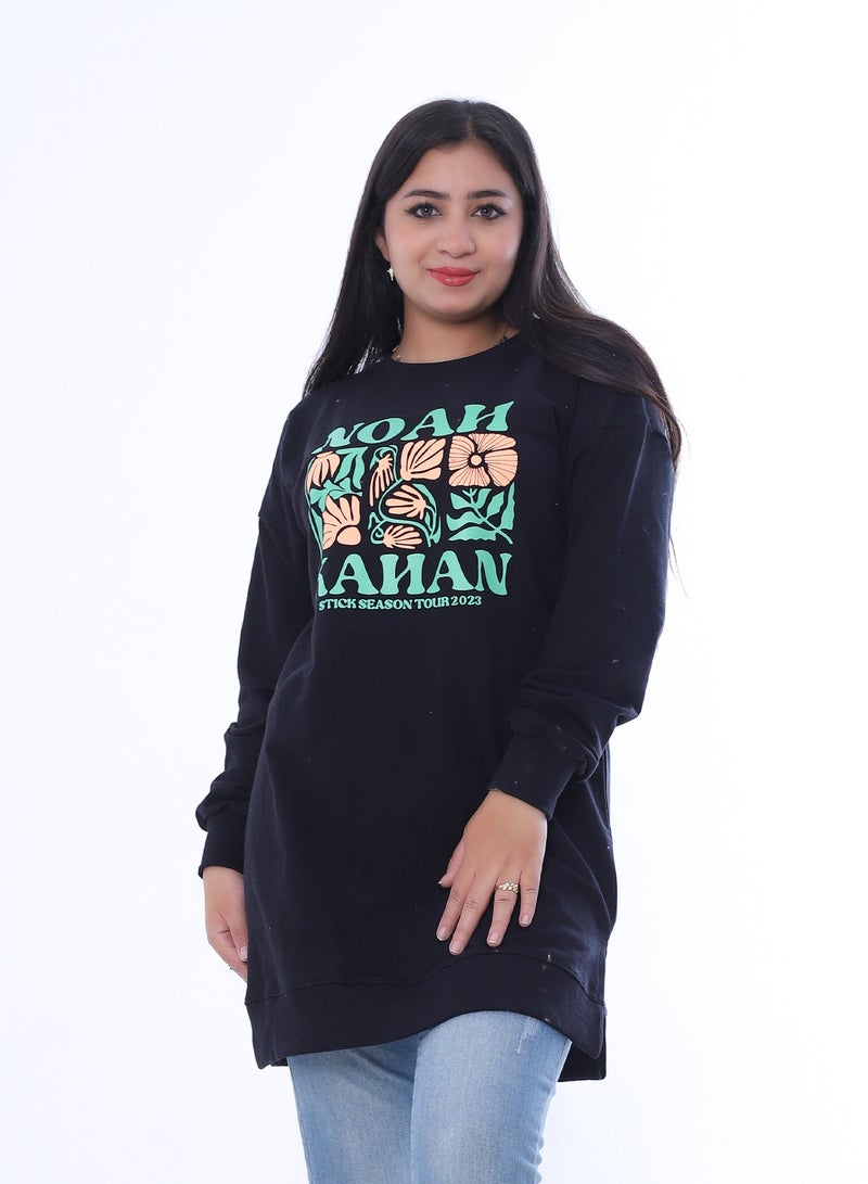 بيبو سويت شيرت نسائية بطبعة زهور، وأكمام طويلة_اسود - Image 1