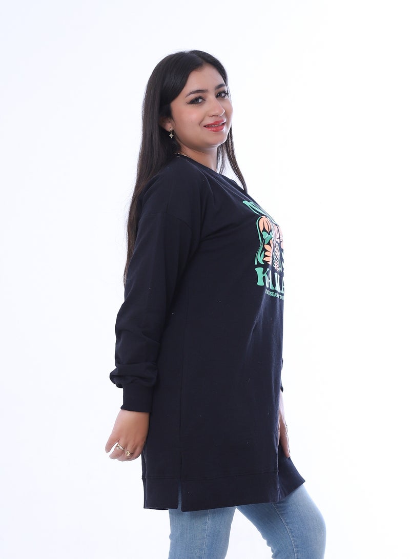 بيبو سويت شيرت نسائية بطبعة زهور، وأكمام طويلة_اسود - Image 3