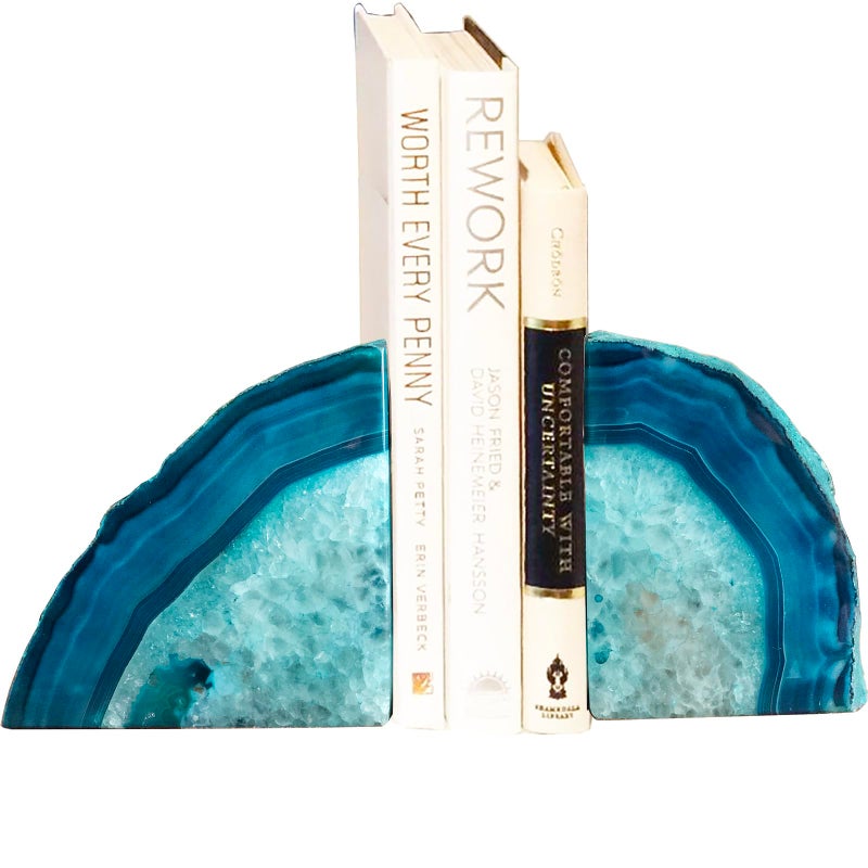 AMOYSTONE Bookends Agate Decorative Book Ends for Shelves Heavy Duty Crystal Stone Bookends Dyed Teal with Rubber Bumpers 1 Pair 34 LBS