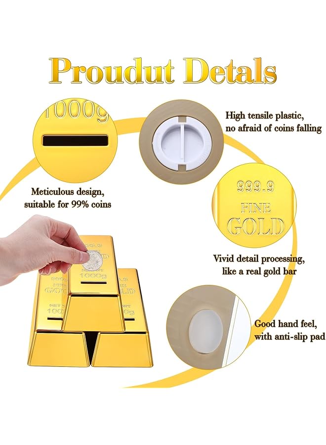 Gold Bullion Bars Saving Money Box 6.5 In Fake Gold Bar Coin Bank Unbreakable Plastic Replica Bullion Brick Money Pot Money Saving Box For Kid Adult Novelty Decor Gifts For Birthday Festiaval 3Pcs