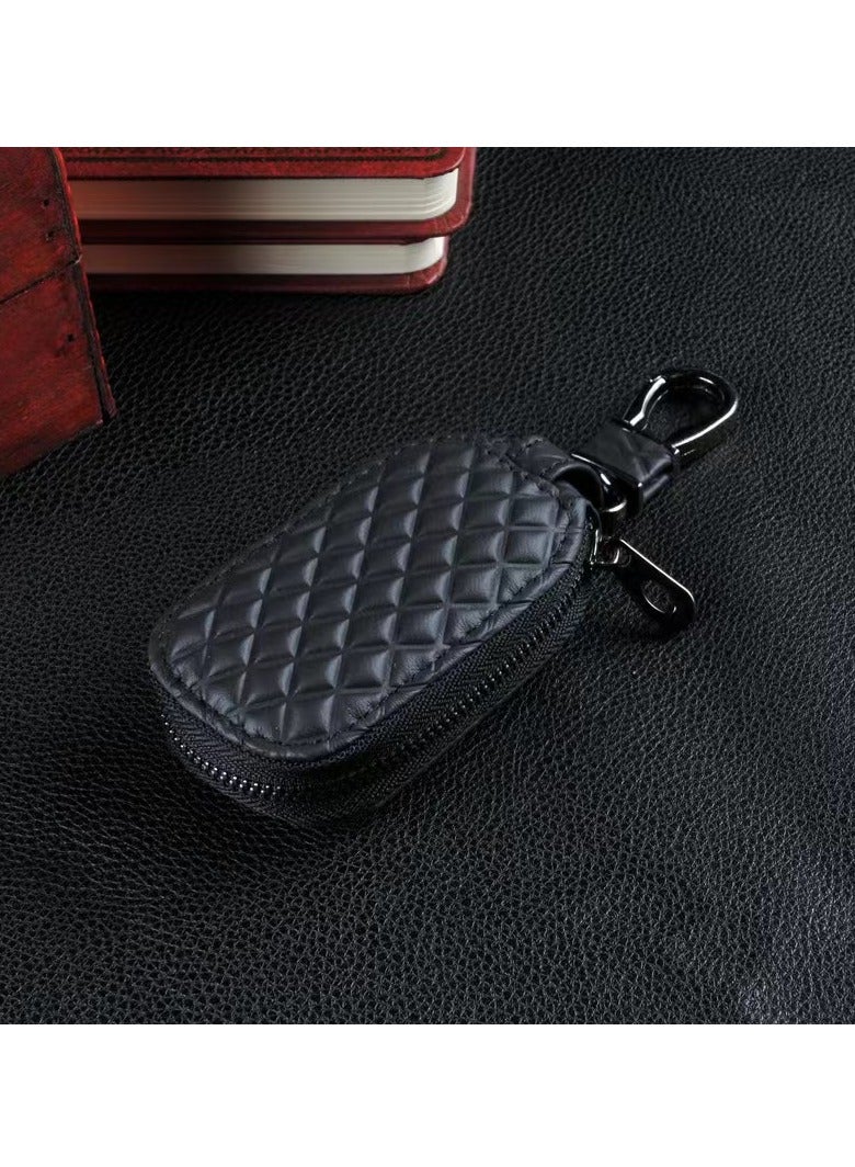 Generic Car Key Case, Genuine Leather Remote Key Fob Cover, Keychain Holder with Metal Hook, Universal Vehicle Keyring Zipper Bag (Black)  - Image 1