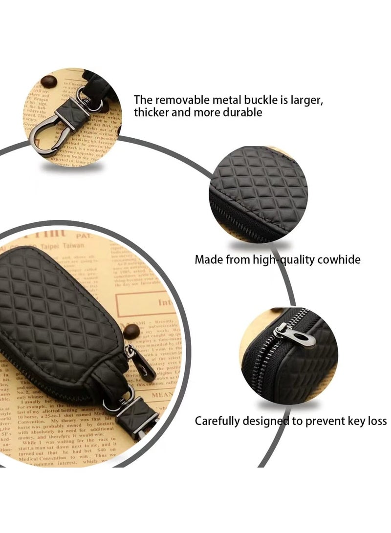 Generic Car Key Case, Genuine Leather Remote Key Fob Cover, Keychain Holder with Metal Hook, Universal Vehicle Keyring Zipper Bag (Black)  - Image 3