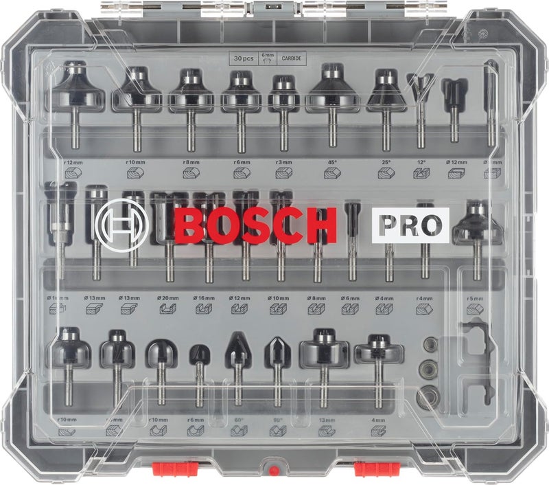 BOSCH مجموعة بتات الفرازة المختلطة | مجموعة بتات الفرازة 30 قطعة | 6 مم شفت | حواف قطع كربيد دقيقة | أشكال متعددة للخشب والمركبات | حقيبة حمل آمنة | معتمدة وفقًا لمعايير DIN EN-847 - Image 2