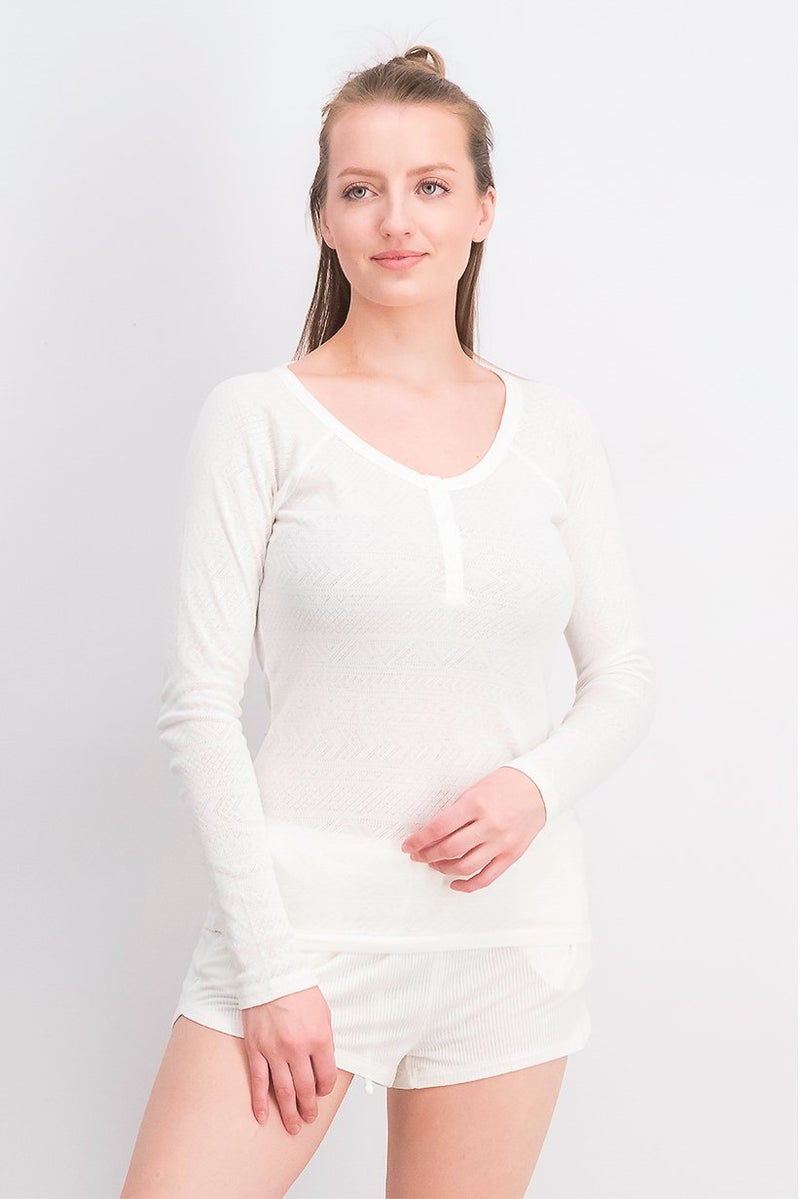 UNDIZ Women Round Neck Long Sleeve Textured Top, White - Image 1