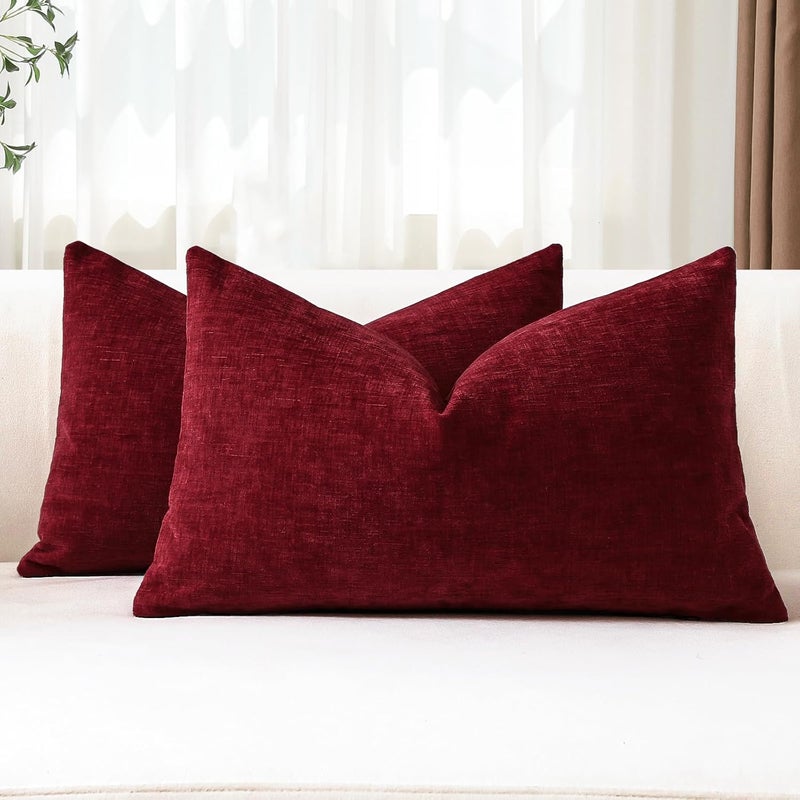 JOTOM Set of 2 Cushion Covers 30x50 cm Soft Chenille Red Decorative Throw Pillow Covers 12x20 Inch Lumbar Cushion Case Solid Pillowcases for Couch Sofa Living Room Bed Home Decor (Red) - Image 1
