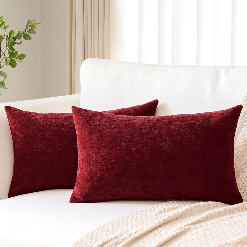 JOTOM Set of 2 Cushion Covers 30x50 cm Soft Chenille Red Decorative Throw Pillow Covers 12x20 Inch Lumbar Cushion Case Solid Pillowcases for Couch Sofa Living Room Bed Home Decor (Red) - Image 4