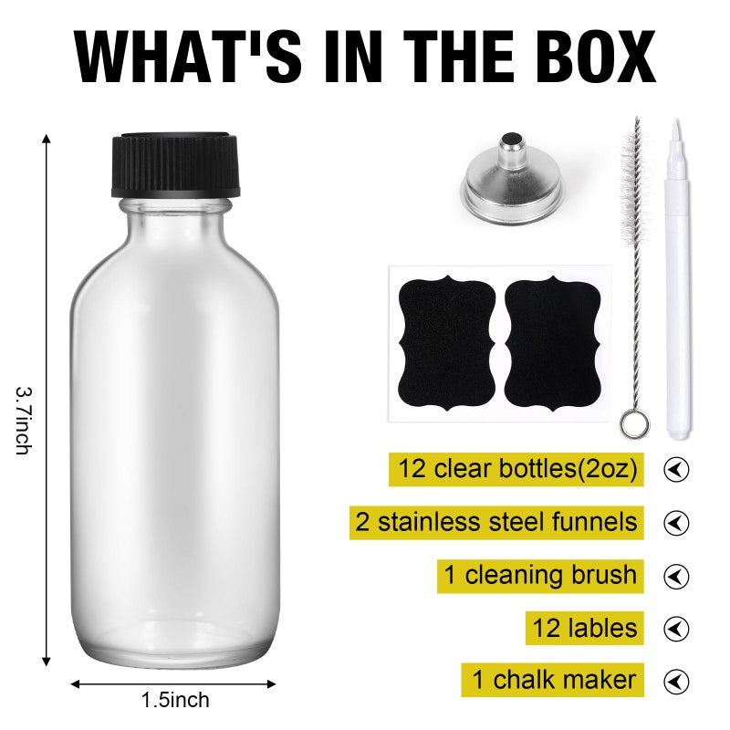 Wewymewo 2oz Small Clear Glass Bottles with Lids, 2 Stainless Steel Funnel, 12 Labels, 1 Chalk Marker, 1 Brush - Reusable Boston Bottle for Juice, Ginger Shot, Wellness, Oils, Liquids, Leakproof Travel Bottle - Image 2