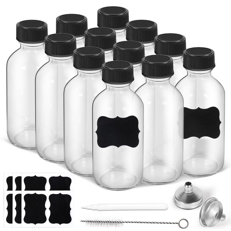 Wewymewo 2oz Small Clear Glass Bottles with Lids, 2 Stainless Steel Funnel, 12 Labels, 1 Chalk Marker, 1 Brush - Reusable Boston Bottle for Juice, Ginger Shot, Wellness, Oils, Liquids, Leakproof Travel Bottle - Image 1