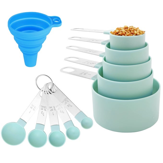 MEASURING CUPS AND SPOONS SET OF KITCHEN GADGETS 10 PIECES STACKABLE STAINLESS STEEL HANDLE MEASURING CUPS FOR MEASURING DRY AND LIQUID INGREDIENT LAKE BLUE