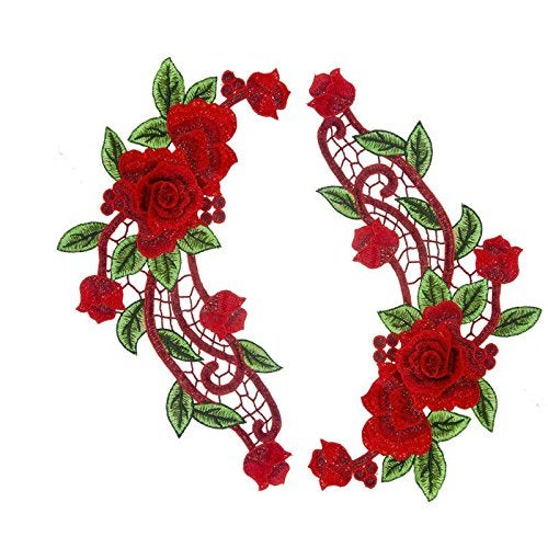 FEEPOP 3D Red Rose Floral Trim Venise Applique Motif Embroidered Collar Sew on Patches for Sewing Repair Clothes - Image 1